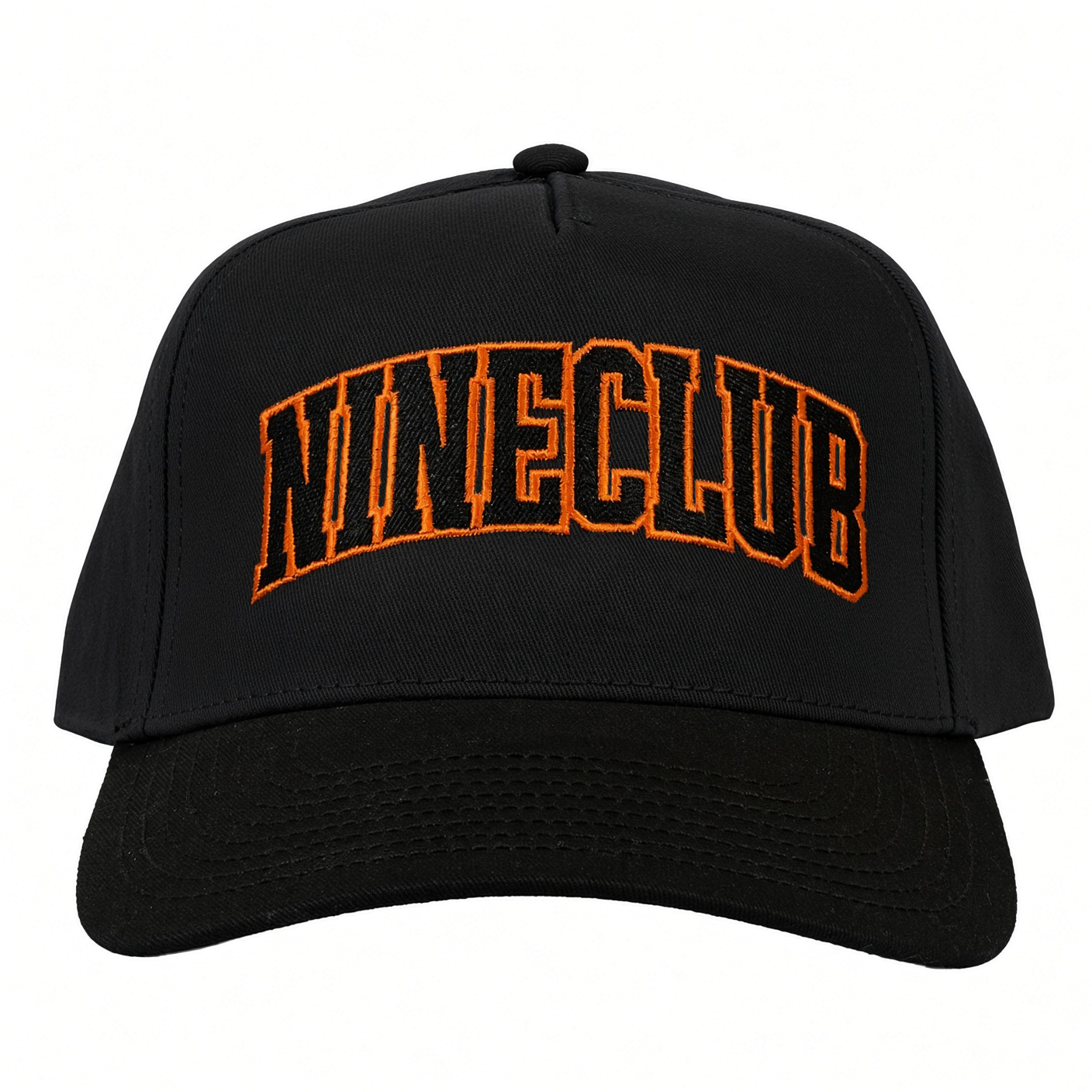 The Nine Club Collegiate Black Hat – black 5-panel snapback with NINECLUB in black collegiate letters outlined in orange