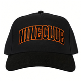 The Nine Club Collegiate Black Hat – black 5-panel snapback with NINECLUB in black collegiate letters outlined in orange