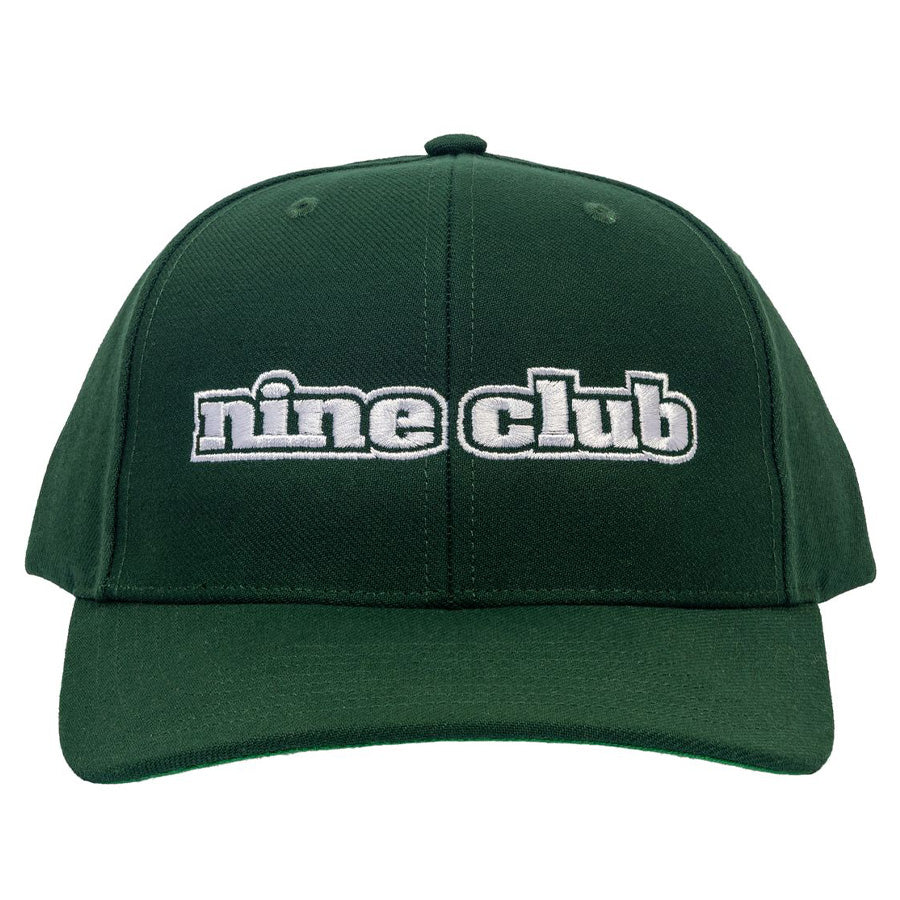 The Dupe Green Hat, forest green snapback with white nine club embroidery, front view